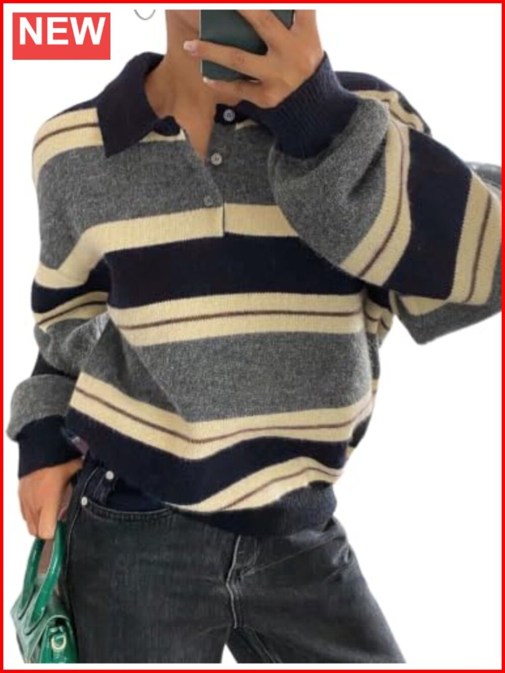 Oversized Striped Button Up Pullover Sweater V-Neck Lantern Sleeve